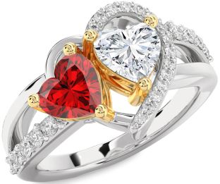 Diamond Emerald Platinum & Yellow Gold Two Heart Birthstone Ring