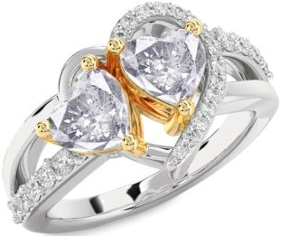 Salt & Pepper Diamond Gold Silver Two Heart Ring