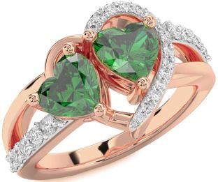 Diamond Emerald Rose Gold Two Heart Birthstone Ring