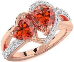 Diamond Fire Opal Rose Gold Silver Two Heart Ring