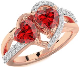 Diamond Emerald Rose Gold Two Heart Birthstone Ring