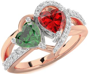 Diamond Emerald Platinum & Rose Gold Two Heart Birthstone Ring