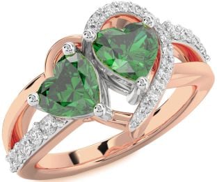 Diamond Emerald Platinum & Rose Gold Two Heart Birthstone Ring