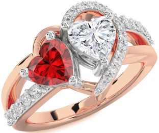 Diamond Emerald Platinum & Rose Gold Two Heart Birthstone Ring