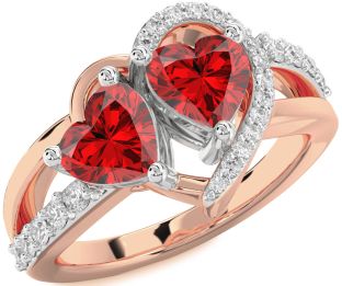 Diamond Emerald Platinum & Rose Gold Two Heart Birthstone Ring