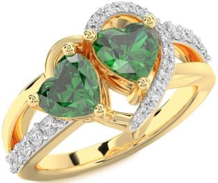 Diamond Emerald Gold Two Heart Birthstone Ring
