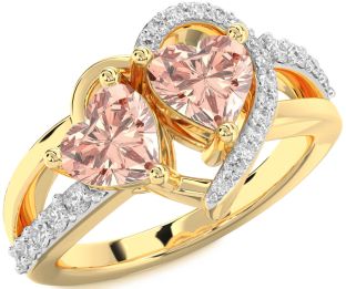 Diamond Morganite Gold Silver Two Heart Ring