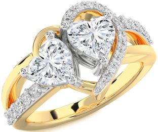 Diamond White Yellow Gold Two Heart Ring