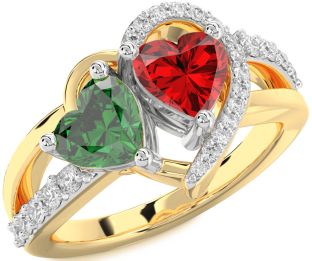 Diamond Emerald Platinum & Yellow Gold Two Heart Birthstone Ring