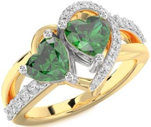 Diamond Emerald Platinum & Yellow Gold Two Heart Birthstone Ring