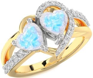 Diamond Moonstone Gold Silver Two Heart Ring