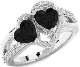 Black Diamond Silver Two Heart Ring