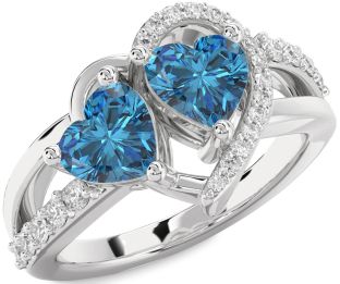 Blue Diamond Silver Two Heart Ring