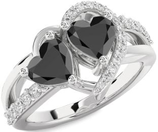 Diamond Black Onyx Silver Two Heart Ring