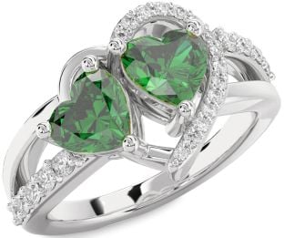Diamond Emerald Silver Two Heart Birthstone Ring