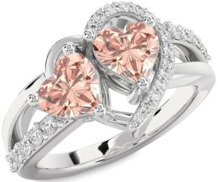 Diamond Morganite Silver Two Heart Ring