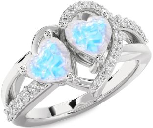 Diamond Emerald Silver Two Heart Birthstone Ring