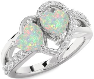 Diamond Emerald Silver Two Heart Birthstone Ring