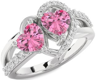 Diamond Pink Sapphire Silver Two Heart Ring