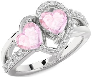 Diamond Rose Quartz Silver Two Heart Ring