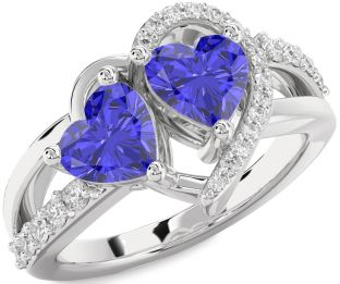 Diamond Tanzanite Silver Two Heart Ring