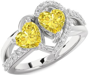 Yellow Diamond Silver Two Heart Ring