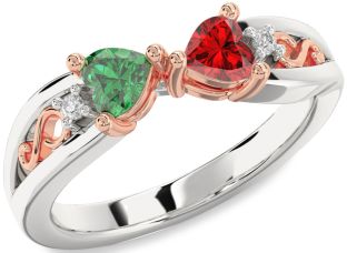 Diamond Emerald Platinum & Rose Gold Infinity Two Heart Birthstone Ring