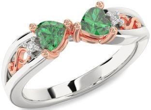 Diamond Emerald Platinum & Rose Gold Infinity Two Heart Birthstone Ring