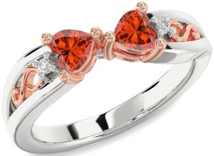 Diamond Emerald Platinum & Rose Gold Infinity Two Heart Birthstone Ring