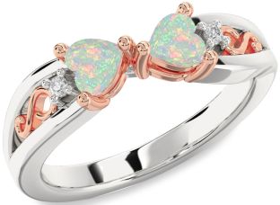 Diamond Emerald Platinum & Rose Gold Infinity Two Heart Birthstone Ring