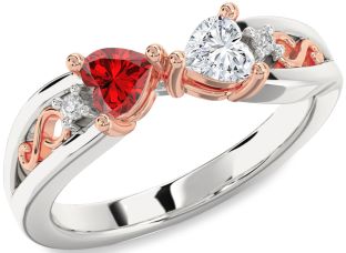 Diamond Emerald Platinum & Rose Gold Infinity Two Heart Birthstone Ring