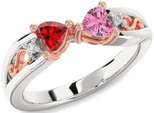 Diamond Emerald Platinum & Rose Gold Infinity Two Heart Birthstone Ring