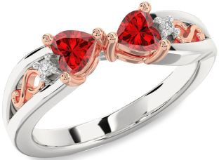 Diamond Emerald Platinum & Rose Gold Infinity Two Heart Birthstone Ring