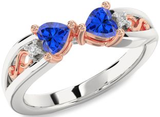 Diamond Emerald Platinum & Rose Gold Infinity Two Heart Birthstone Ring