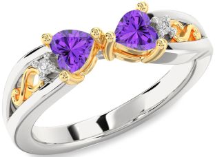 Diamond Emerald Platinum & Yellow Gold Infinity Two Heart Birthstone Ring