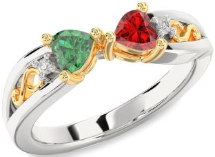 Diamond Emerald Platinum & Yellow Gold Infinity Two Heart Birthstone Ring
