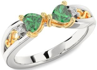 Diamond Emerald Platinum & Yellow Gold Infinity Two Heart Birthstone Ring