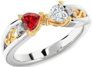 Diamond Emerald Platinum & Yellow Gold Infinity Two Heart Birthstone Ring