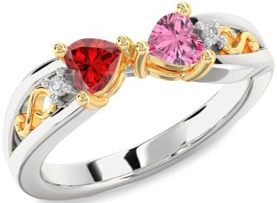 Diamond Emerald Platinum & Yellow Gold Infinity Two Heart Birthstone Ring