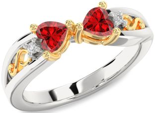 Diamond Emerald Platinum & Yellow Gold Infinity Two Heart Birthstone Ring