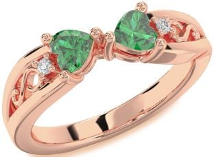 Diamond Emerald Rose Gold Infinity Two Heart Birthstone Ring