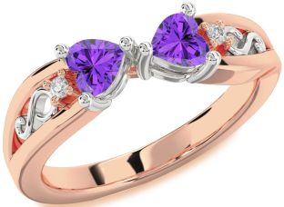 Diamond Emerald Platinum & Rose Gold Infinity Two Heart Birthstone Ring