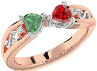 Diamond Emerald Platinum & Rose Gold Infinity Two Heart Birthstone Ring