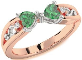 Diamond Emerald Platinum & Rose Gold Infinity Two Heart Birthstone Ring