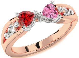 Diamond Emerald Platinum & Rose Gold Infinity Two Heart Birthstone Ring