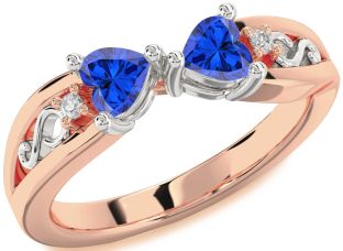 Diamond Emerald Platinum & Rose Gold Infinity Two Heart Birthstone Ring