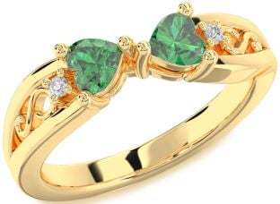 Diamond Emerald Gold Infinity Two Heart Birthstone Ring