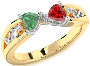 Diamond Emerald Platinum & Yellow Gold Infinity Two Heart Birthstone Ring