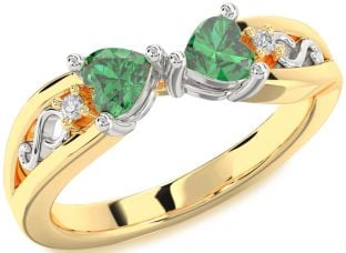 Diamond Emerald Platinum & Yellow Gold Infinity Two Heart Birthstone Ring