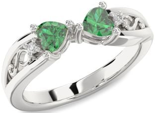Diamond Emerald Silver Infinity Two Heart Birthstone Ring